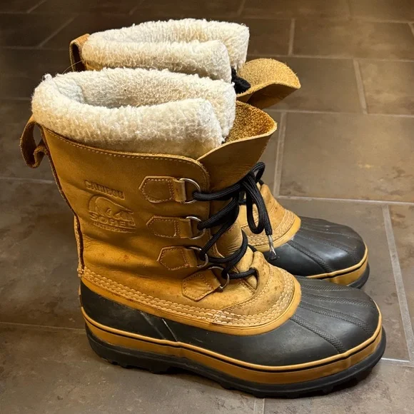 Sorel Men’s Caribou Winter Snow Boots Camel Waterproof Sherpa Cuff Size 8 - Picture 1 of 9